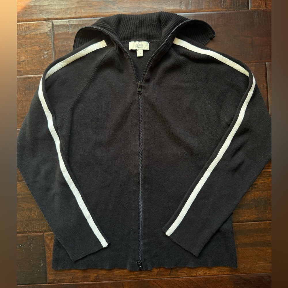 Vintage Jacob Connexion Women's Black Ribbed Knit Full Zip Double Zip Sweater